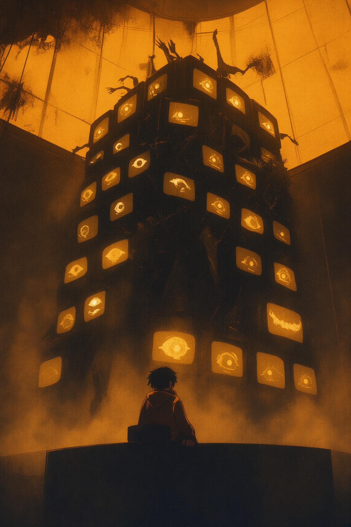 A child facing a tower of surveillance screens