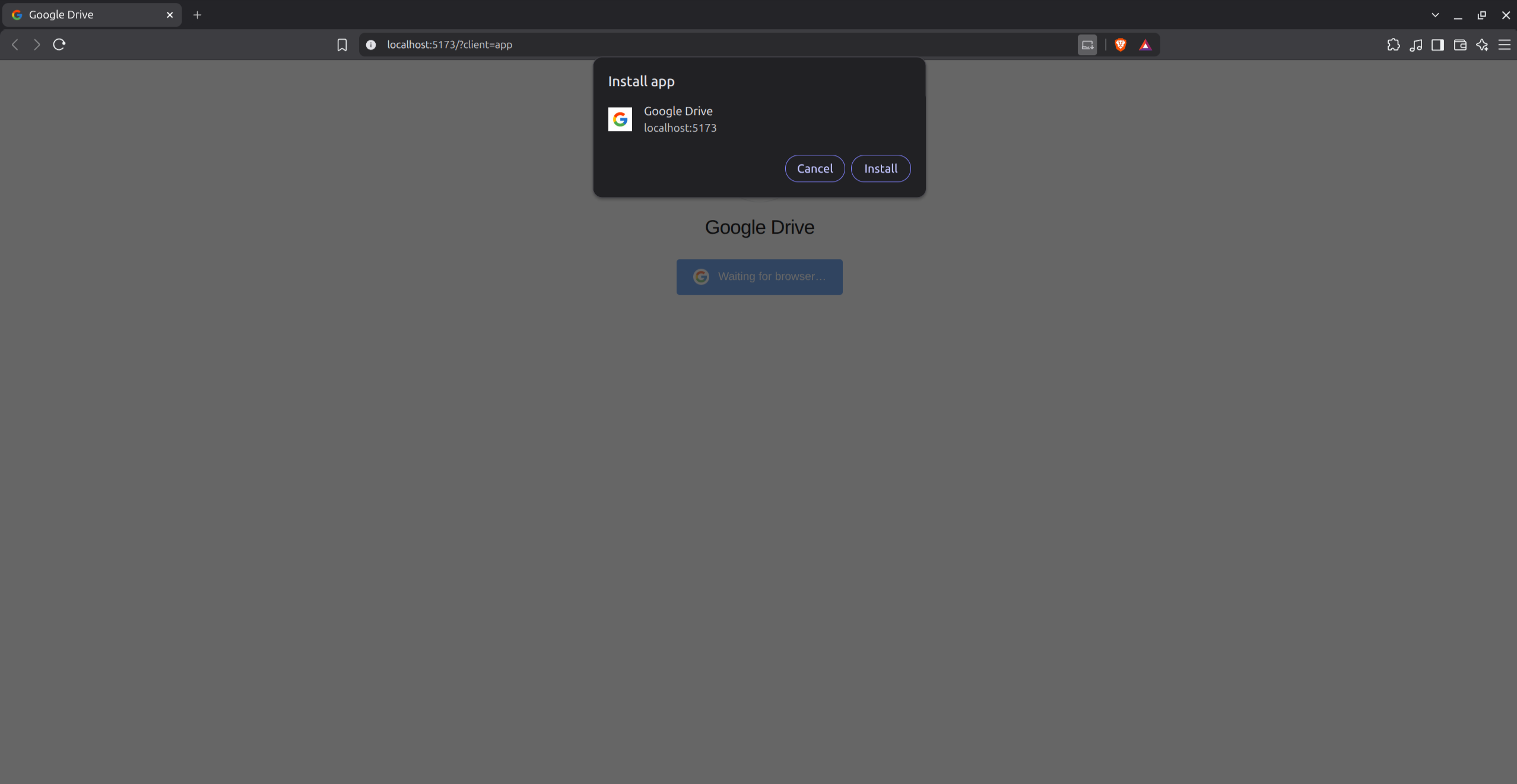 Chrome install app dialog showing Google Drive